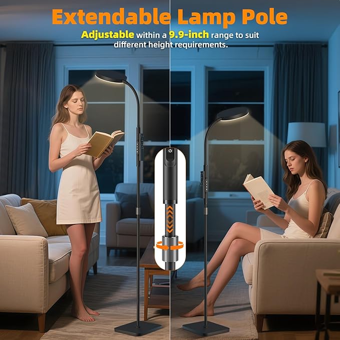 Floor Lamp, Adjustable Height Floor Lamps for Living Room Bedroom, 120 LED Super Bright Standing Lamp Remote & Touch Control Dimmable Gooseneck Tall Stand Reading Lamp for Office Craft, Black