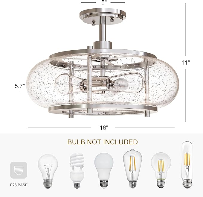 Elisha 3-Light Semi Flush Mount Ceiling Light with Seedy Glass Shade in Brushed Nickle Finish for Hallway, Entryway, Passway, Dining Room, Bedroom, Garage, Kitchen Island, Balcony, Living Room