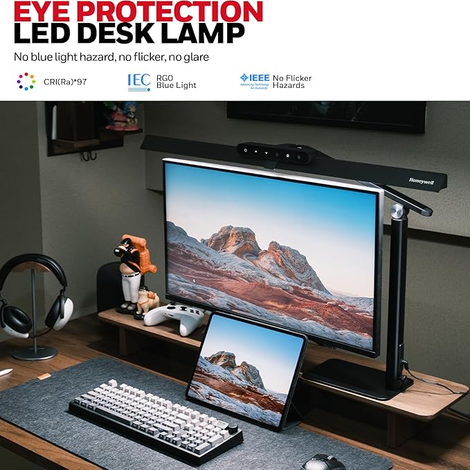 Honeywell LED Desk Lamp with Base - HJ1BK Sunturalux Eye-Caring Architect Desk Lamp for Home Office, 1200LM Computer Desk Light 4 Color Modes Stepless Dimming Task Desk Light with Timer Function Black