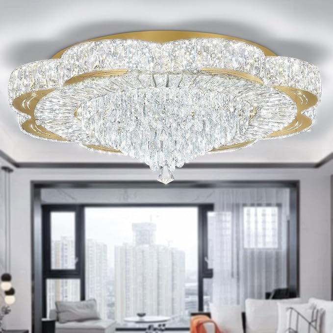 Modern Empire Crystal Chandelier Gold 32inches Crystal Raindrop Ceiling Light for Living Room Bedroom LED Infinity Dimmable 3000-6000K