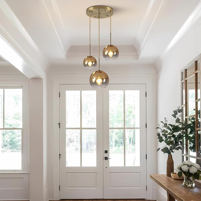 KCO Lighting Gold Cluster Pendant 3-Light Large Glass Pendant Lights Kitchen Island Bubble Globe Chandelier Mid Century Modern Hanging Light