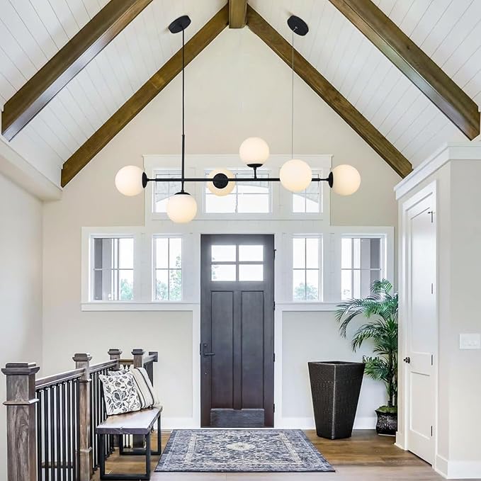 KCO Lighting Mid Century Modern Chandelier Black Linear Sputnik Pendant Light Contemporary 6-Light Glass Globe Chandelier Adjustable Kitchen Island Pendant Lighting (Black+White)