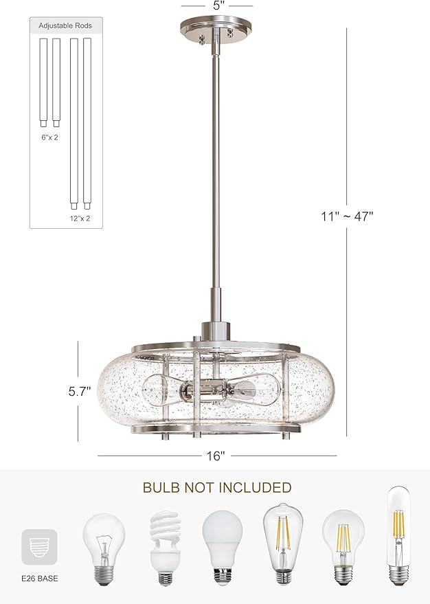 Elisha 3-Light Semi Flush Mount Ceiling Light with Seedy Glass Shade in Brushed Nickle Finish for Hallway, Entryway, Passway, Dining Room, Bedroom, Garage, Kitchen Island, Balcony, Living Room