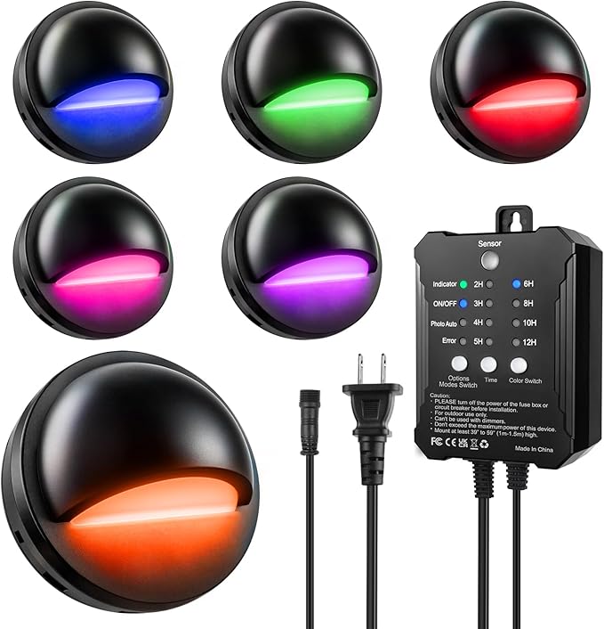 RGB Low Voltage LED Deck Lights Kit with Transformer Timer and Photocell Sensor, IP67 Waterproof Low Voltage Landscape Lighting, 12-24V Step Lights for Outdoor Walkway Stair Post Railing (6 Pack)