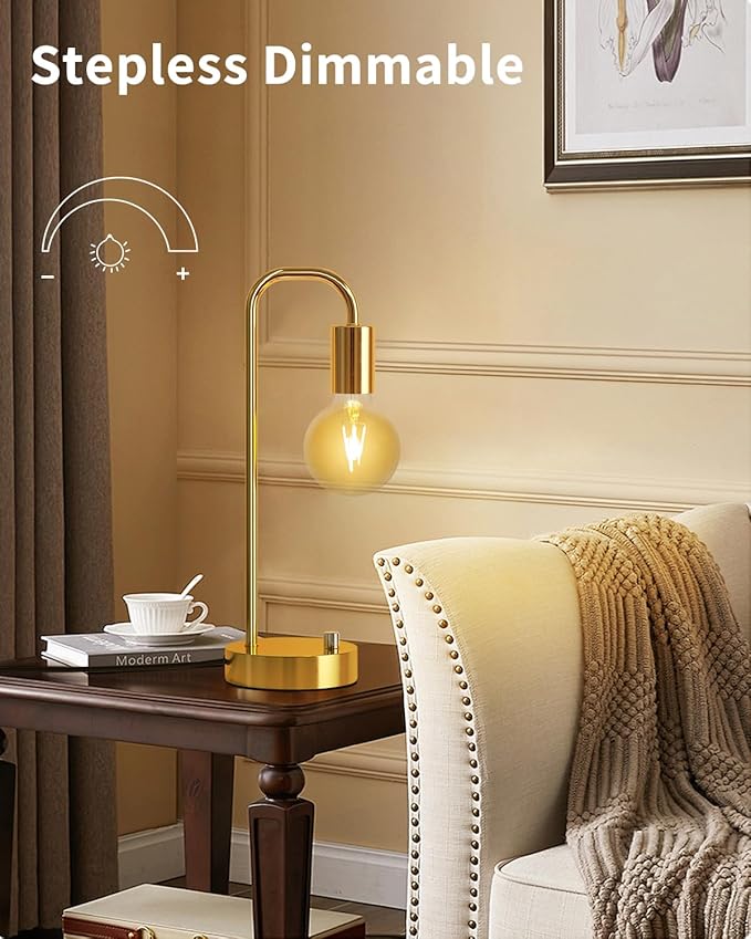 ONEWISH Industrial Table Lamp with 2 USB Port, Stepless Dimmable Nightstand Bedside Lamps for Bedroom,Desk Lamps with 2700K Gold Gradient Bulb for Reading Living Room