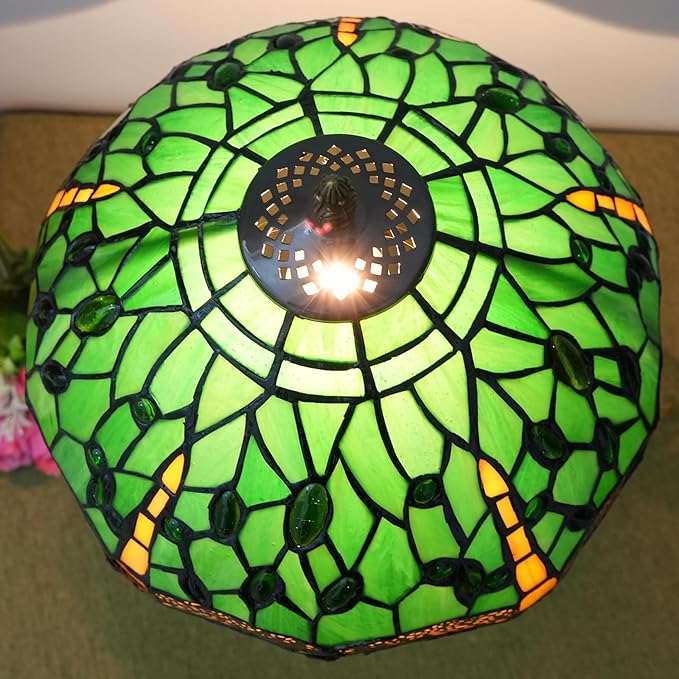 Tiffany Lamp - Green Dragonfly Stained Glass Table Lamp 12x12x18 Inches - Green Dragonfly Style Desk Reading Light - Bedroom & Living Room Decor