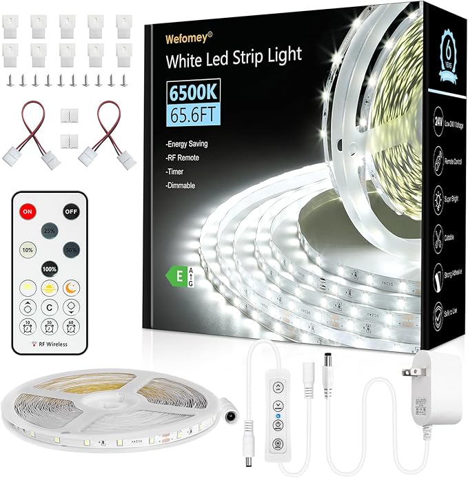 White LED Strip Lights, 65.6ft Dimmable 24V LED Lights Strip 6500K Bright Daylight White, 960 LEDs LED Flexible Tape Lights for Bedrooms, Mirror, Kitchen, Cabinet, Christmas Decor