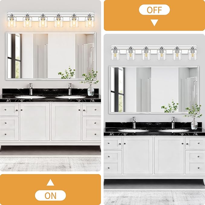 6 Light Modern Bathroom Light Fixtures Over Mirror, Chrome Vanity Lights for Bathroom Wall Sconces with Clear Glass Shades, E26 Socket (Bulbs Not Included)