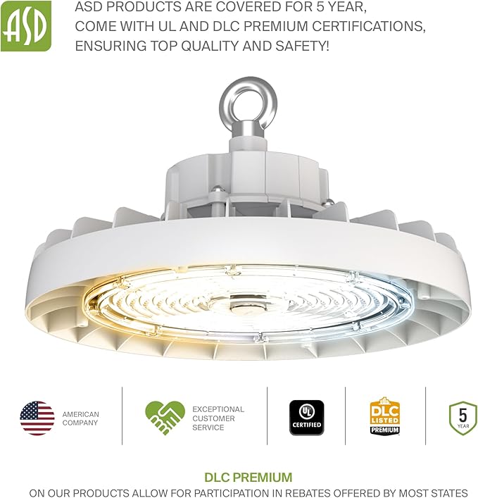 ASD LED High Bay UFO Light Fixture, Commercial Shop Lighting | 3CCT, Dimmable, IP69K Waterproof, DLC Premium, UL Listed | 200W 31900LM 3000-5000K 100-277V | Warehouse, Garage, Workshop Lamp | White