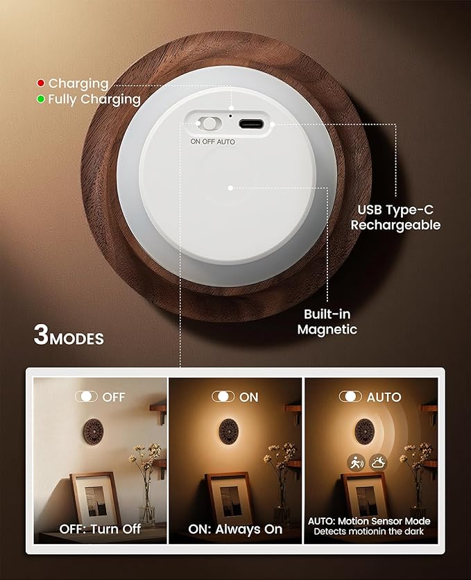 Motion Sensor Night Light Wood USB Rechargeable Stick-On Step Lights Magnetic Small Wall Lights for Hallway Bedroom Living Room Stair (Carved Black Walnut *1Pack)