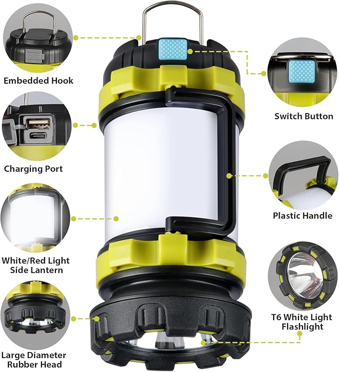 1 Pack Camping Lantern, Outdoor LED Camping Light, Rechargeable Flashlights with 1000LM, 6 Modes, 4000mAh Power Bank, IPX5 Waterproof Portable Emergency Camp Light for Hurricane Hiking - Green