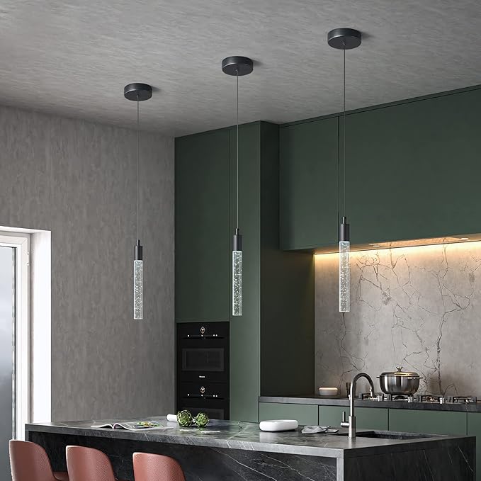 Modern Kitchen Island Pendant Light Dimmable LED Black Finish Mini Crystal Pendant Lighting Bedroom Bedside Table Small Pendant Lights（3-Pack）