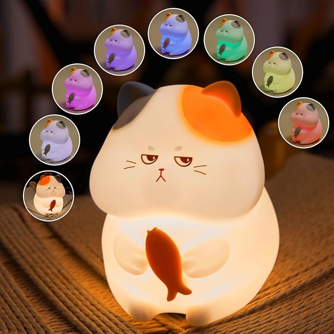 Greedy Cat Night Light for Kids, 3 Levels Dimmable Cute Kitty Nursery Nightlight with Touch Color Change, Squishy Silicone Rechargeable Bedside Lamp for Baby/Pregnant Mom/Elderly/Adults