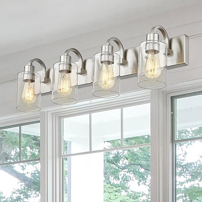 Emliviar 4-Light Vanity Light Fixture - Modern Bathroom Lighting Fixture, Brushed Nickel Finish with Clear Glass, YCE237B-4W BN