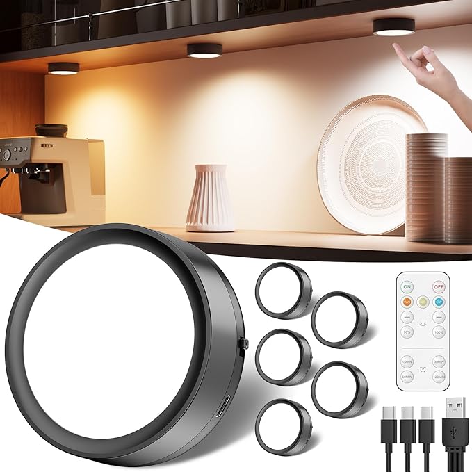 Rechargeable Puck Lights with Remote Control, 2400mAh Battery Powered LED Push Lights Stick On for Closet Magnetic Tap Light USB Display Shelf Lighting Kitchen Under Cabinet Press Button Light