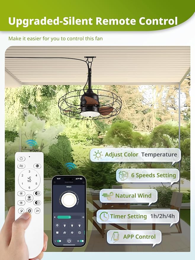 Orison Gazebo Fan,Outdoor Ceiling Fans with Light for Patios and Remote,21'' Wet Rated Outdoor Hanging Fan for Gazebo, Plug in Caged Lighting for Pergola Canopy, 3 Color LED Light, Waterproof