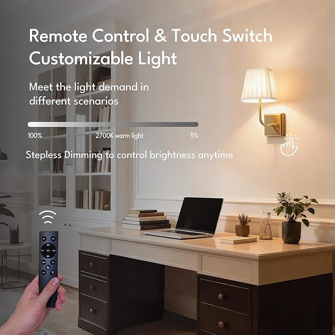 Battery Operated Wall Sconce Set of 2, Dimmable Wireless Gold Wall Lamp with 5200mAh Battery, Rechargeable Wall Light Fixtures with Switch and Remote for Living Room Bedroom Hallway Bathroom