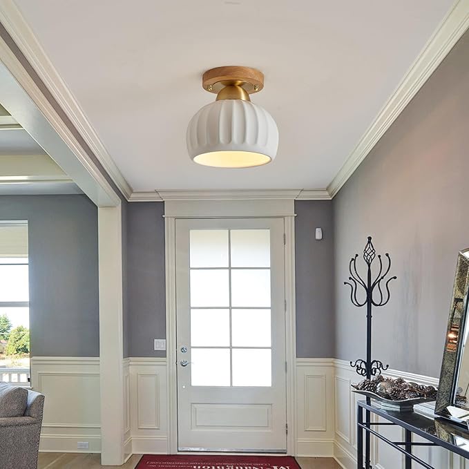 2 Pack White Ceramic Wood Brass Base Semi Flush Mount Ceiling Light Vintage Hallway Light Fixtures, Modern Small Flush Mount Ceiling Light Lamp for Hall Kitchen Entryway Passway Porch Foyer