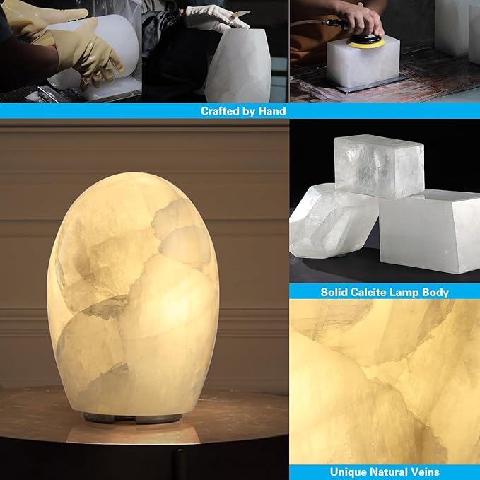 Natural Calcite Stone Lamp – Handcrafted from Solid Crystal Stone, Dimmable Bedside Accent Light, Unique One-of-a-Kind Texture, Small Cylinder Table Lamp for Bedroom