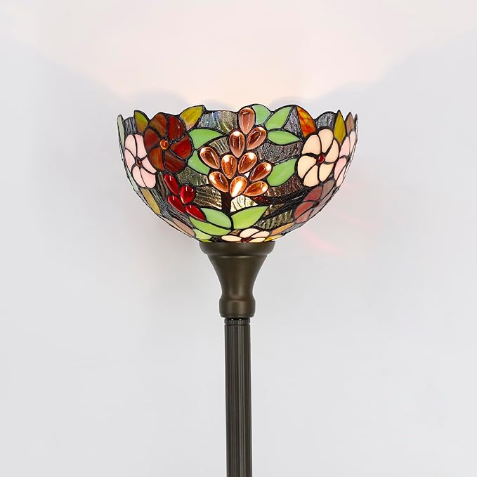 Tiffany Torchiere Floor Lamp Stained Glass Purple Grape Style Standing Corner Torch Uplight 12X12X72 Inch for Bedroom Living Room Home Office