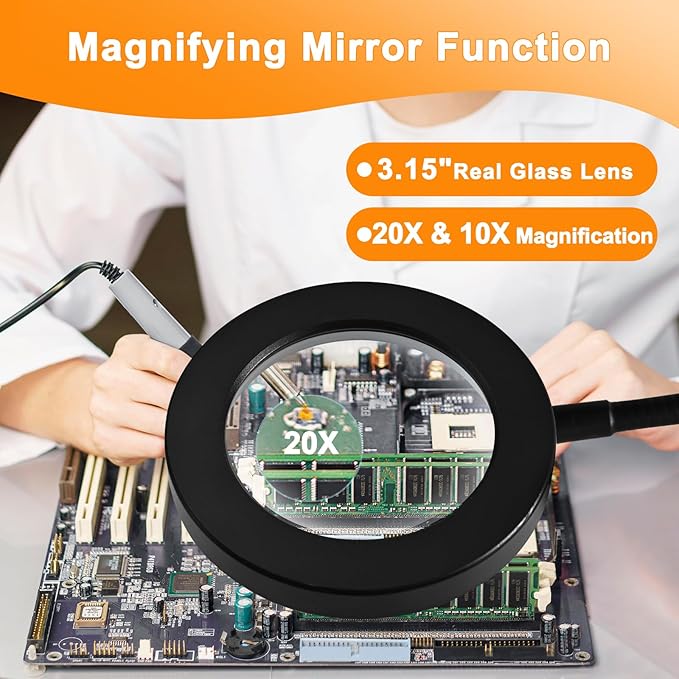 20X/10X Dual-Lens Magnifying Glass with Light and Timer, Combination Lens Magnifier with Light, 3 Color Modes, 2 in 1 Magnifying Desk Lamp for Craft Hobby Painting Sewing Close Work(No Adapter)