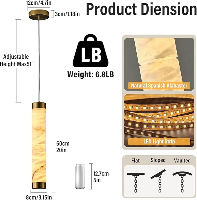 20" Alabaster Pendant Lights, Natural Marble Cylinder Brass Pendant Light, Adjustable Modern Ceiling Light Fixtures for Kitchen Island, Dining Room, Bedroom, Living Room, Bathroom