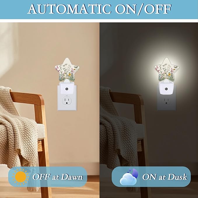 Herbs and Wild Flowers Night Light,Plug-in Wall Led Night Lights Decor for Boys Girls Room,Dusk to Dawn Sensor Wall Lamp for Bedroom/Bathroom/Hallway,0.5w