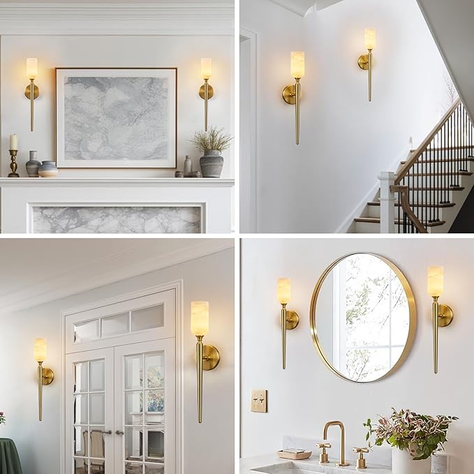 LMQNINE Natural Alabaster Wall Sconce Modern Gold Wall Light Bathroom Sconce Wall Decor Antique Marble Sconces Wall Lighting for Bedroom Living Room Entryway Hallway Staircase