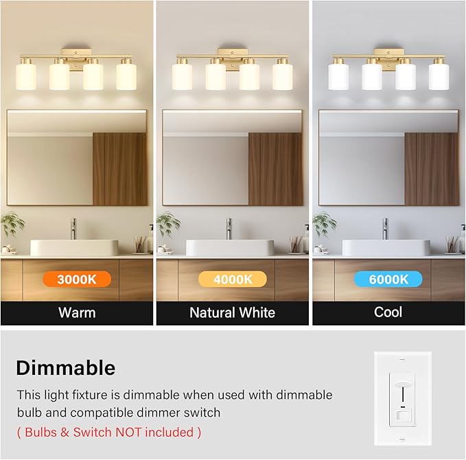 Gold Bathroom Light Fixtures, 4-Light Modern Vanity Light Over Mirror, Wall Sconces with Milky White Frosted Glass Shades, E26 Socket (Bulbs Not Included)