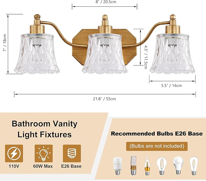 Vintage Bathroom Light Fixtures, 3-Light Gold Vanity Light, Antique Brass Finish with Crystal Glass Shade, Brushed Gold Vanity Lights for Bathroom Bedroom Hallway