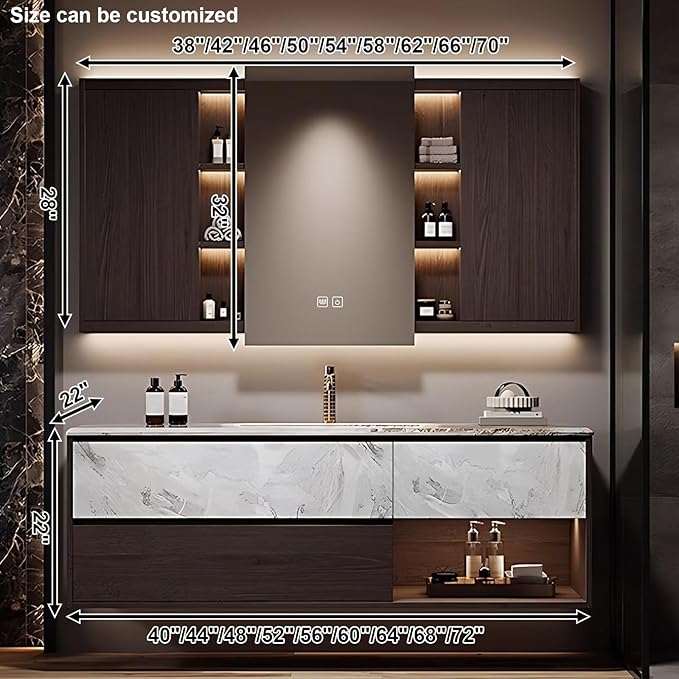 52 Inch Wood Grain Bathroom Vanity - Modern Luxury Floating Bathroom Vanity with Sink,Smart Defogging LED Mirror & Adjustable Mirror Panels,Textured Door and Ample Storage,Ambient Light Strip