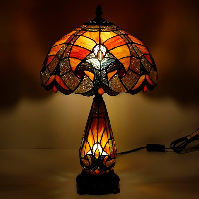 Tiffany Lamp Stained Glass Table Lamp 12X19 Inches Mother Daughter Vase Desk Accent Night Light for Bedroom Bedside Reading Home Antique Style (Red Stained)