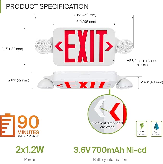 ASD LED Exit Sign with Battery Backup & Round Rotatable Heads - 120-277V UL 2.2W Double Face Emergency Exit Light for Business, Commercial Damp Location Power Outage Lights, Red