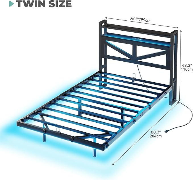 YITAHOME Twin Size Floating Bed Frame with USB Charging Station Storage Headboard and with Led Light, Heavy Duty Metal Platform Bed Frame, No Box Spring Needed, Easy Assembly and Noise Free, Black