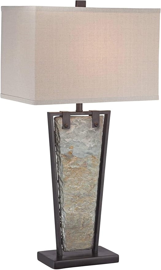 Franklin Iron Works Zion Rustic Farmhouse Table Lamp 30" Tall Natural Slate Bronze Tapered Metal Frame Rectangular Shade for Living Room Bedroom House Bedside Nightstand Home Office Entryway Family