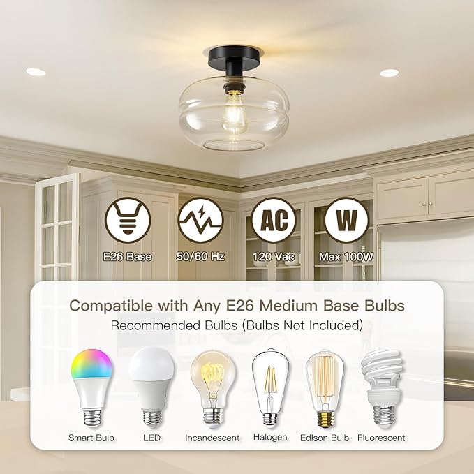 Semi Flush Mount Ceiling Light Fixture, 10-1/2 Inch Clear Glass Shade, Black Modern Vintage 1-Light E26 Socket Ceiling Light for Hallway Entryway Kitchen Sink Bedroom Bathroom