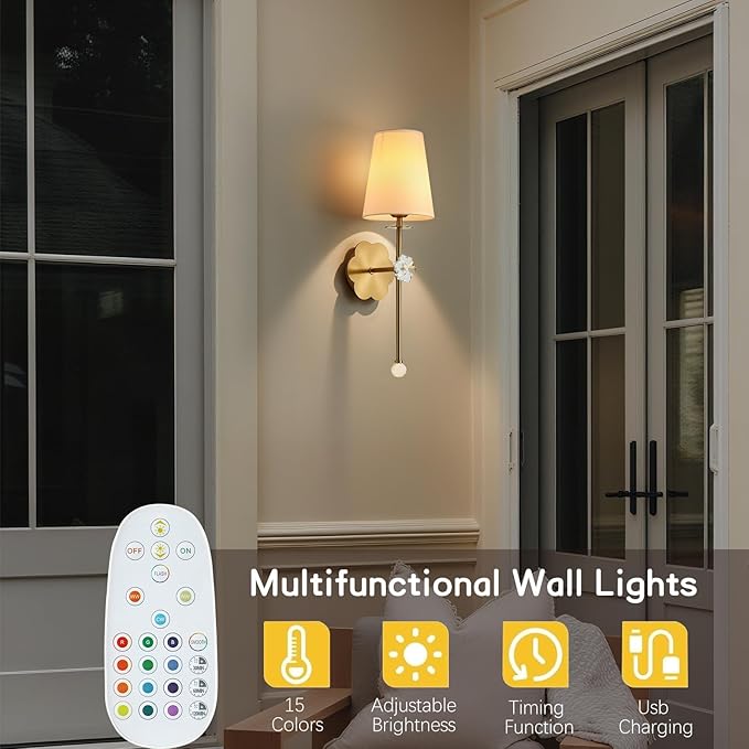 Battery Operated Wall Sconces,Crystal Plum Blossom Decor Rechargeable Wall Lights with Detachable and Remote Cordless Wall Sconce Indoor for Bedroom Living Room Hallway Stairs Gold 1 Pack