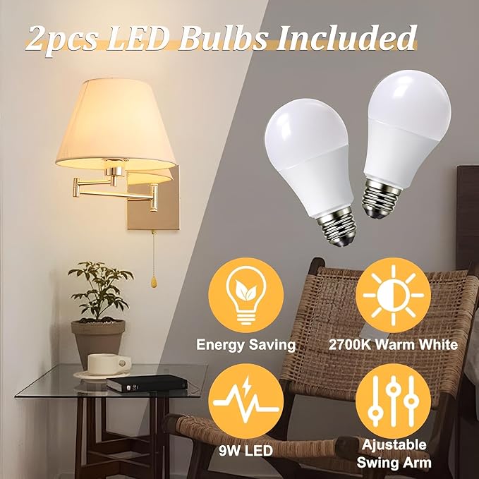 Swing Arm Wall Lamp Indoor Wall Sconce Lighting with White Fabric Shade Reading Wall Light Fixture with On/Off Switch for Living Room Doorway Study Room Bedroom Bedside