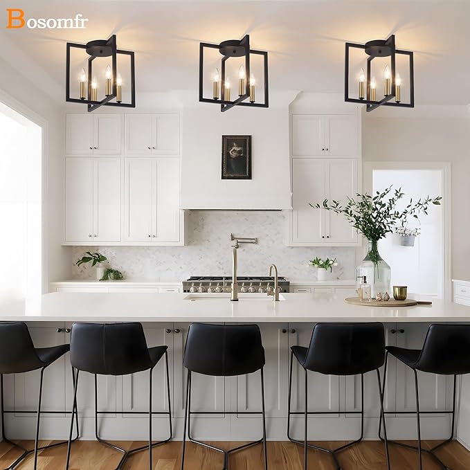 Modern Farmhouse 4-Light Black and Gold Ceiling Light Fixture, Industrial Close to Ceiling Light with Geometric Metal Shade, Perfect for Kitchen, Hallway, Bathroom
