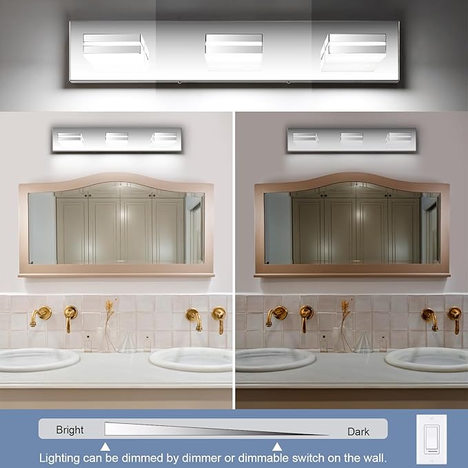 SineRise LED Modern Bathroom Vanity Light Fixtures (3-Light, 24-Inch, Dimmable), Chrome Modern Acrylic Bathroom Wall Lighting Fixtures Over Mirror (Cool White 6000K)