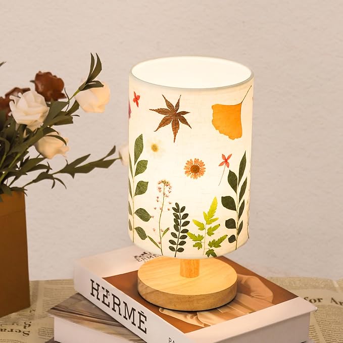 Pressed Flowers Table Lamp 5W LED 3Color Temperatures Dried Flower Bedside Lamp Linen Shade with Wood Base for Bedroom Living Room Desk Office