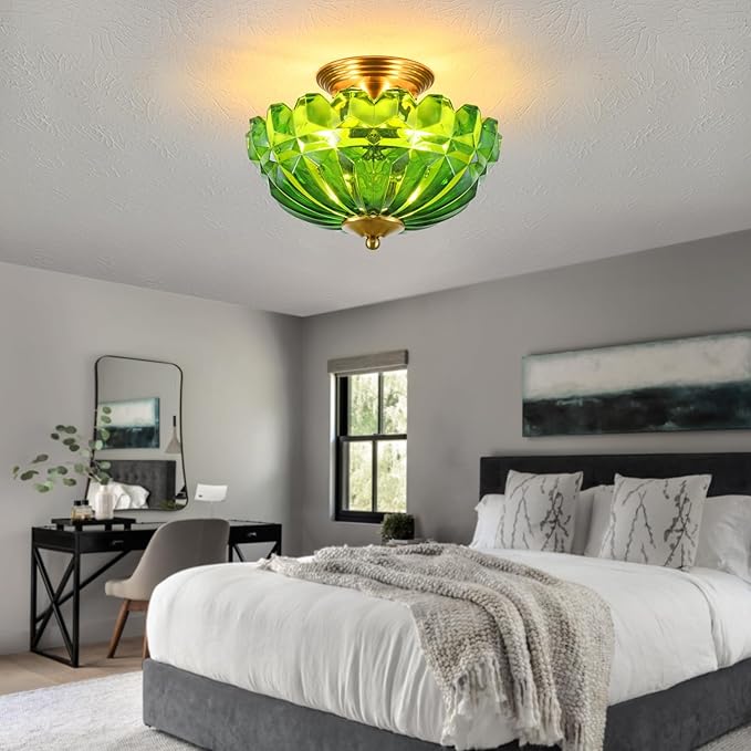 Semi Flush Mount Ceiling Light, 3-Light Kitchen Ceiling Lighting Fixtures with Green Glass Lampshade, Gold Modern Chandelier for Living Room Bedroom Hallway