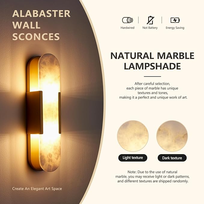 19.7" L Alabaster Wall Sconces Set of 2, Wall Lights Fixtures Morden Bathroom Vanity Light Indoor Wall Lamps for Living Room Bedroom Hallway Stairs Gold