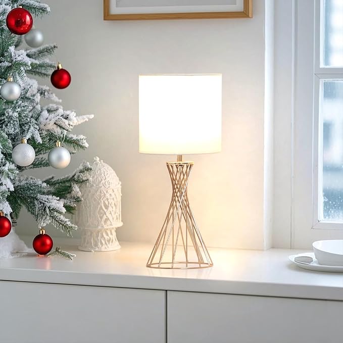 Gold Table Lamp, Nightstand Lamp, Small Cute Desk Lamp, Modern Bedside Lamp with White Fabric Shade, Metal Geometric Hollow Out Base Lamps for Living Room Bedrooms Kids Room