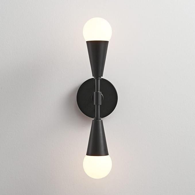 BRIGHTTIA Vicky 2 Light Cone Socket Wall Sconce - Mid Century Modern Fixture for Wall & Ceiling - Minimalist Edison Lamp for Hallway and Bathroom Vanity - Matte Black (BW0027-2B)