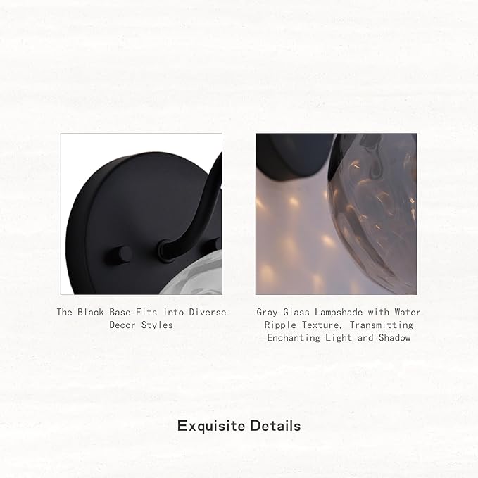 Modern Iridescent Glass Wall Sconce Matte Black Wall Light Set of 2 Hammered Smoked Glass Vanity Light for Bedroom Hallway Living Room Stairwell Bathroom Over Mirror