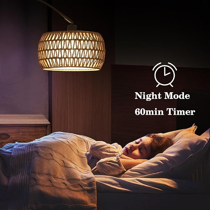 Arc Floor Lamps for Living Room with 3 Color Temperatures, Black Standing Lamp with Remote & Dimmable LED Bulb, Rattan Boho Floor Lamp, Farmhouse Tall Lamp for Bedroom, Over Couch Arched Reading Light
