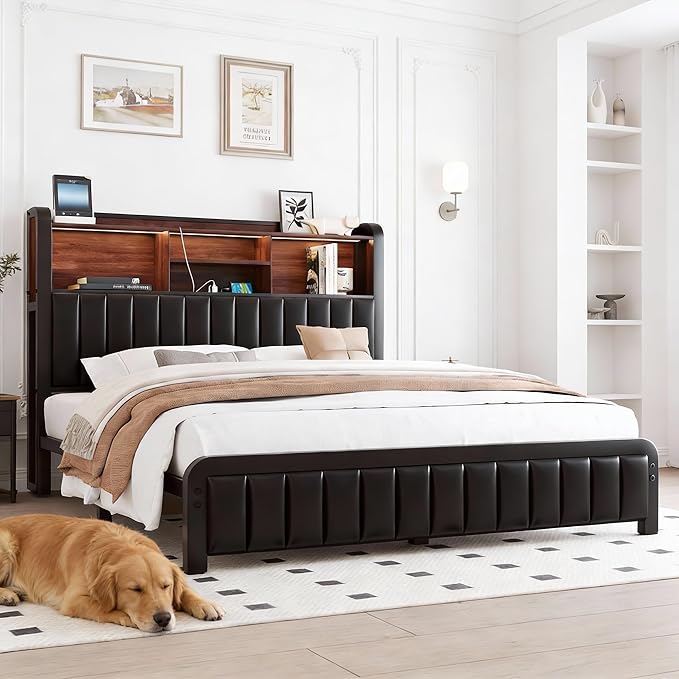 Queen Size Bed Frame with 3-Tier Storage Headboard and LED Lights,Upholstered Platform Bed with Charging Station, Heavy Duty Metal Frame Support,PU Leather,No Box Spring Needed, Black