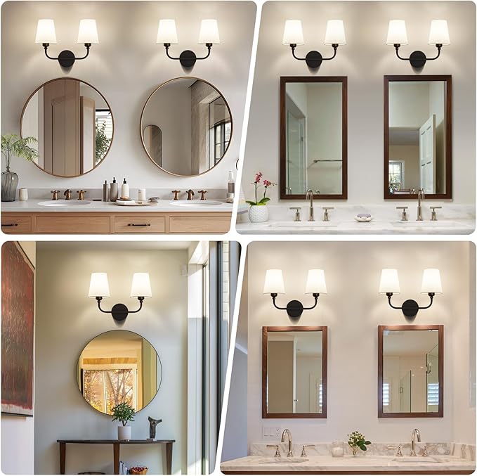 Matte Black Bathroom Light Fixtures, 2-Light Vanity Lights, Bathroom Lighting Fixtures Over Mirror with Flared White Fabric Shade, Modern Wall Sconce for Mirror Hallway Bedroom Living Room(ETL Listed)