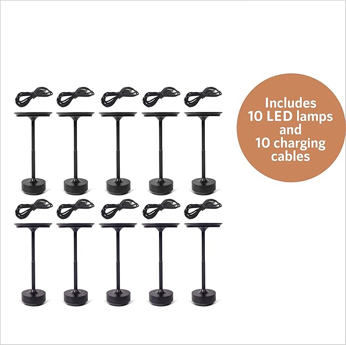 10 Pack - Black Rechargeable Cordless Table Lamps, Portable LED Desk Lamps, Dimming 5000mAh Rechargeable Battery Powered LED Lighting for Restaurant,Bar, Bedroom, Outdoor, Party